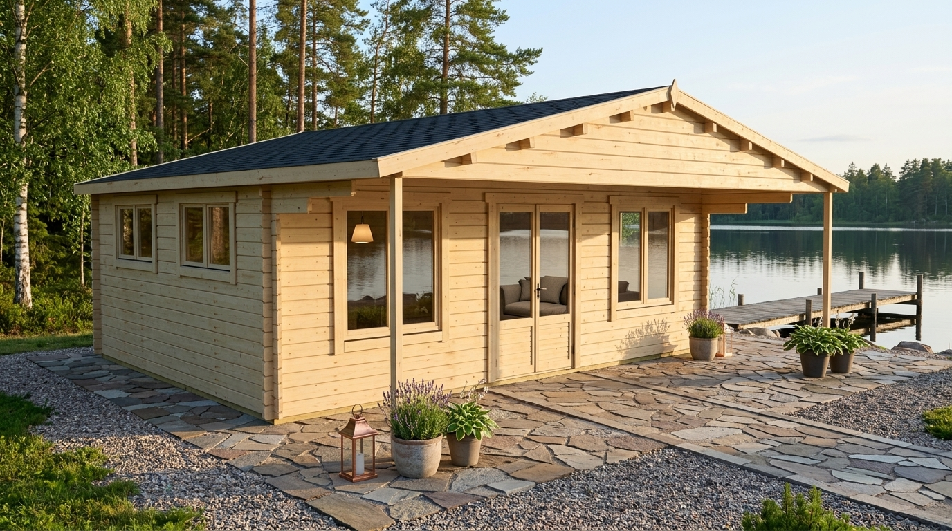 3D render of Apex Holiday Cabin 7.0x5.0, a bespoke 31.6m² timber building with 44mm solid log walls and apex (gable) roof, manufactured by Eurodita
