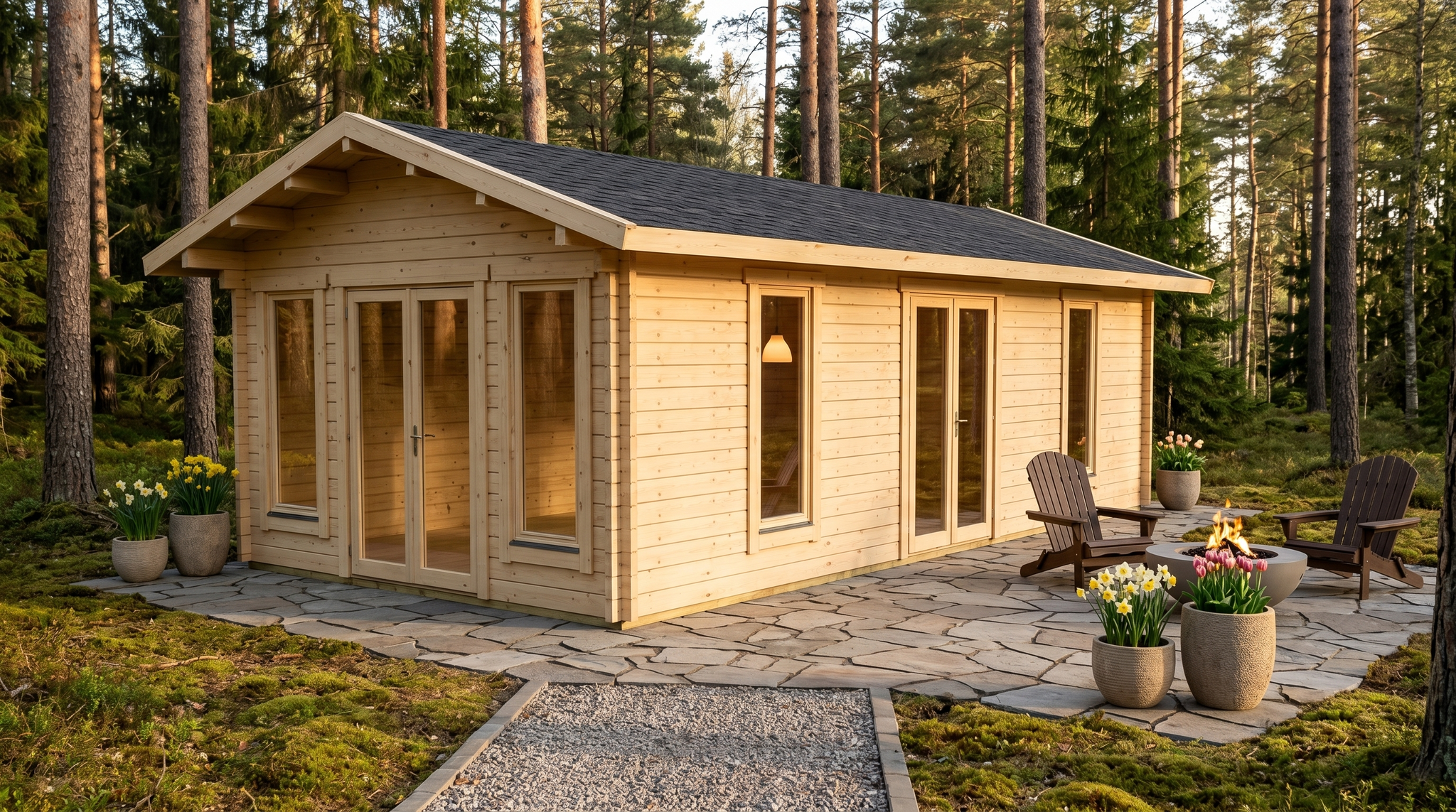 3D render of Apex Holiday Cabin 4.0x8.0 — a bespoke 28m² timber building with 70mm solid log walls and apex (gable) roof, manufactured by Eurodita