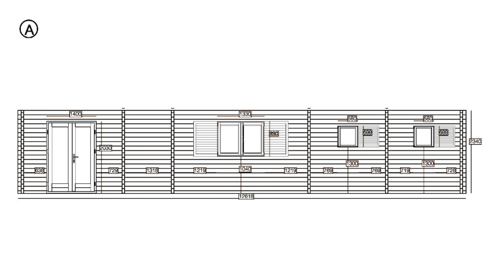 Elevation A of Pent Timber Residence 8.4x12.6, dimensioned drawing