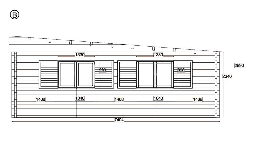 Elevation B of Pent Timber Residence 8.4x12.6, dimensioned drawing
