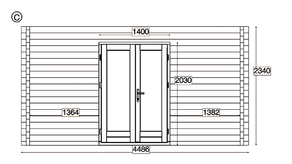 Elevation C of Pent Timber Residence 8.4x12.6, dimensioned drawing
