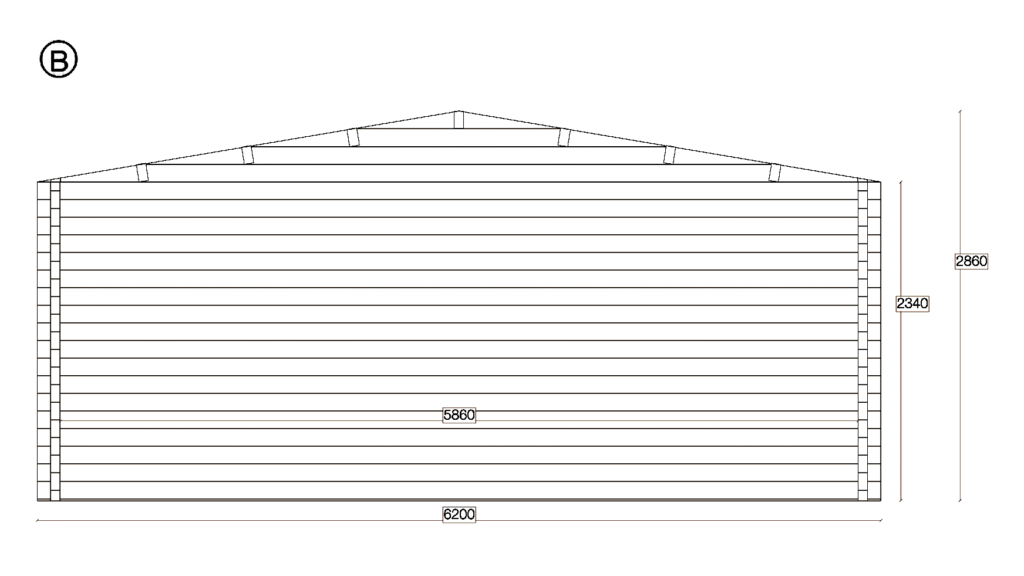Elevation B of Apex Residential Cabin 6.2x10.2, dimensioned drawing