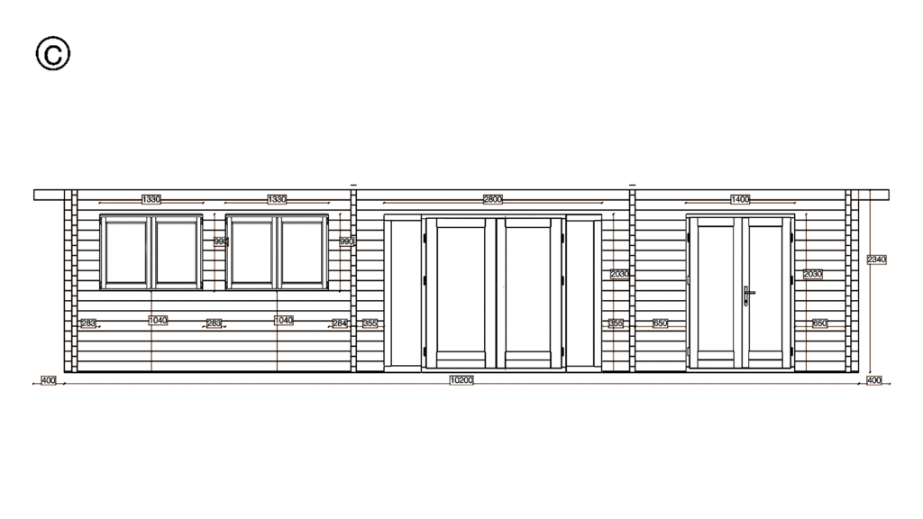 Elevation C of Apex Residential Cabin 6.2x10.2, dimensioned drawing