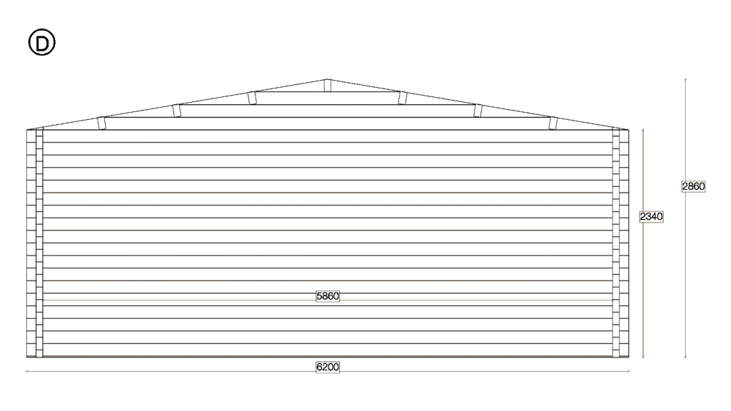 Elevation D of Apex Residential Cabin 6.2x10.2, dimensioned drawing