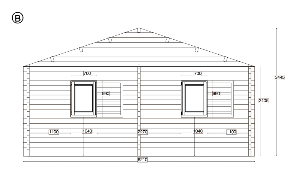 Elevation B of Apex Residential Cabin 6.2x11.3, dimensioned drawing