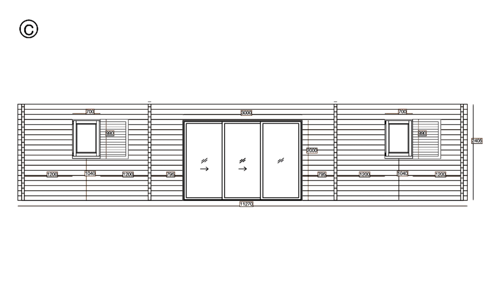 Elevation C of Apex Residential Cabin 6.2x11.3, dimensioned drawing