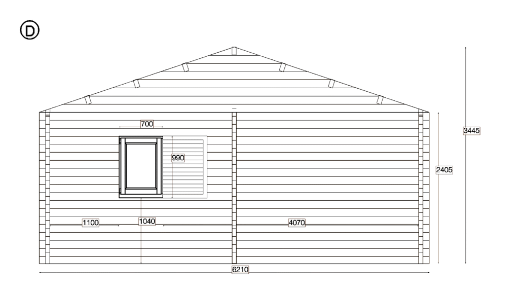 Elevation D of Apex Residential Cabin 6.2x11.3, dimensioned drawing