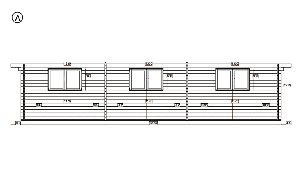 Elevation A of Apex Residential Cabin 7.2x10.2, dimensioned drawing