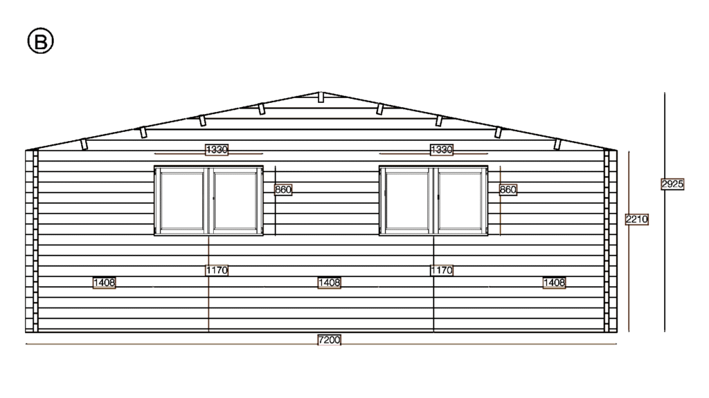 Elevation B of Apex Residential Cabin 7.2x10.2, dimensioned drawing