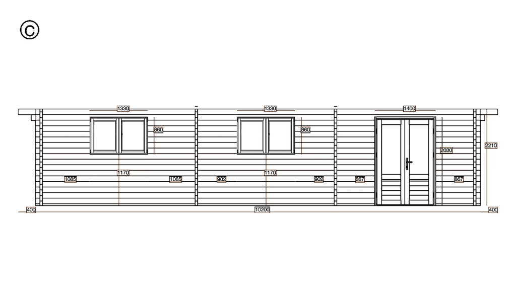 Elevation C of Apex Residential Cabin 7.2x10.2, dimensioned drawing