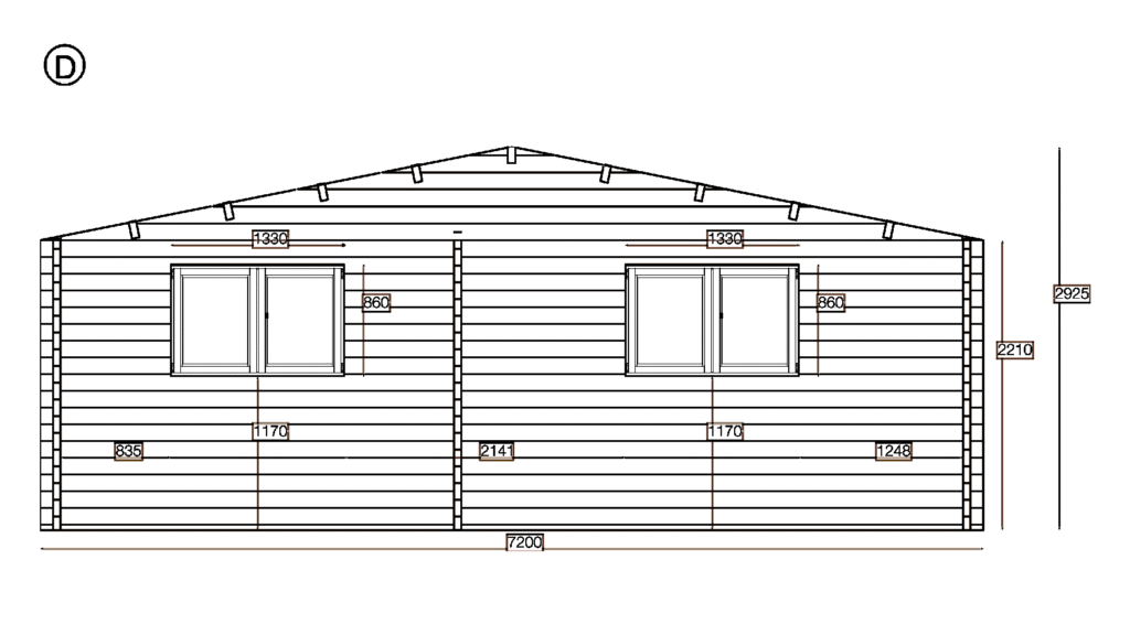 Elevation D of Apex Residential Cabin 7.2x10.2, dimensioned drawing