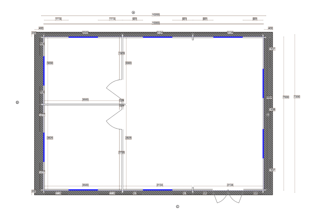 Floor plan of Apex Residential Cabin 7.2x10.2, dimensioned drawing