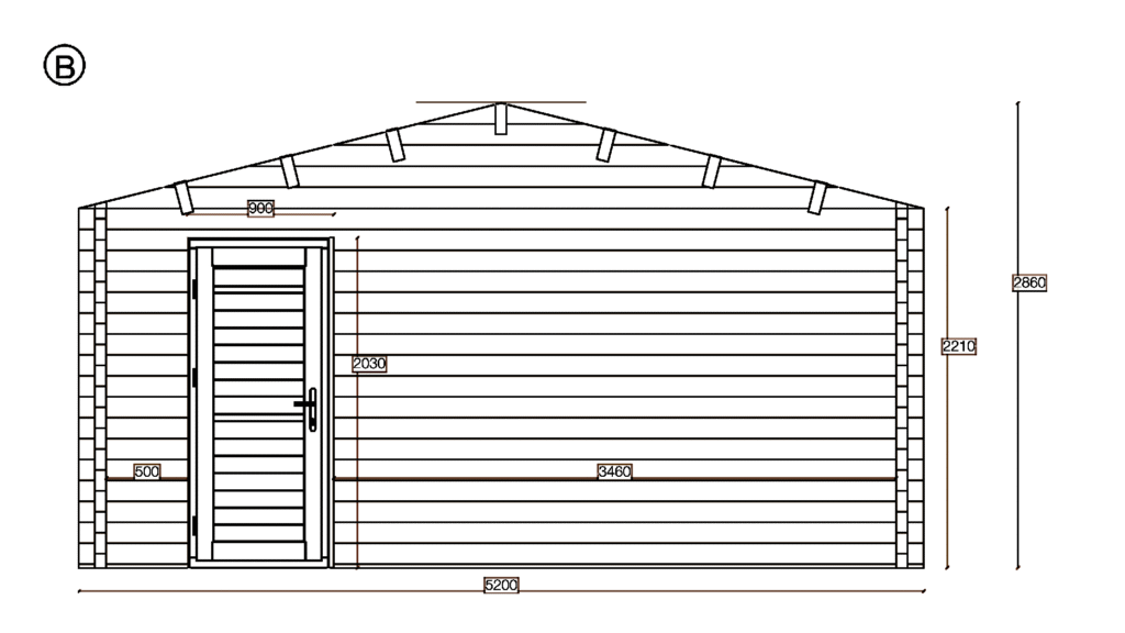 Elevation B of Apex Timber Lodge 5.2x6.2, dimensioned drawing