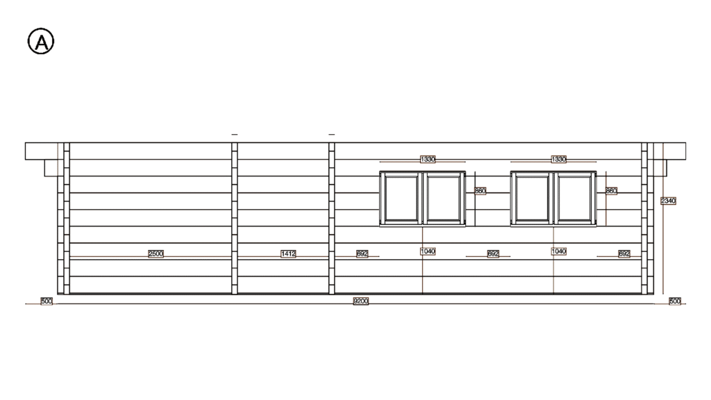 Elevation A of Glulam Apex Holiday Cabin 5.2x9.2, dimensioned drawing