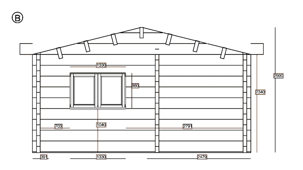 Elevation B of Glulam Apex Holiday Cabin 5.2x9.2, dimensioned drawing