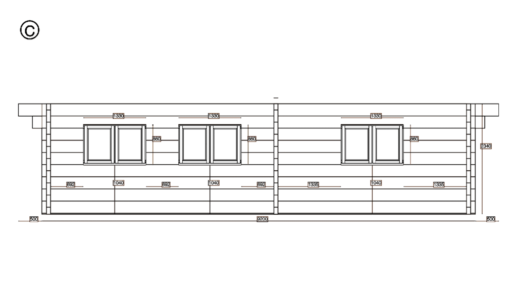Elevation C of Glulam Apex Holiday Cabin 5.2x9.2, dimensioned drawing