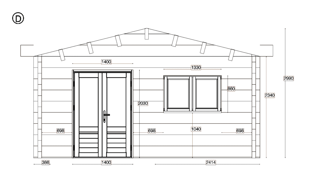 Elevation D of Glulam Apex Holiday Cabin 5.2x9.2, dimensioned drawing