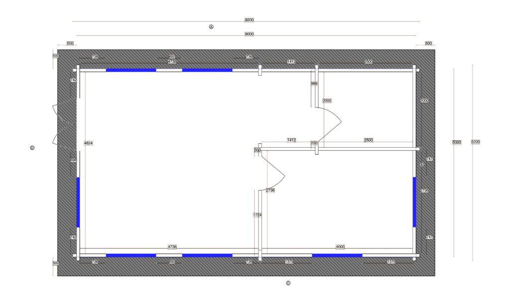 Floor plan of Glulam Apex Holiday Cabin 5.2x9.2, dimensioned drawing