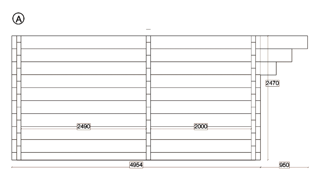 Elevation A of Glulam Apex Timber Lodge 6.9x5.0, dimensioned drawing