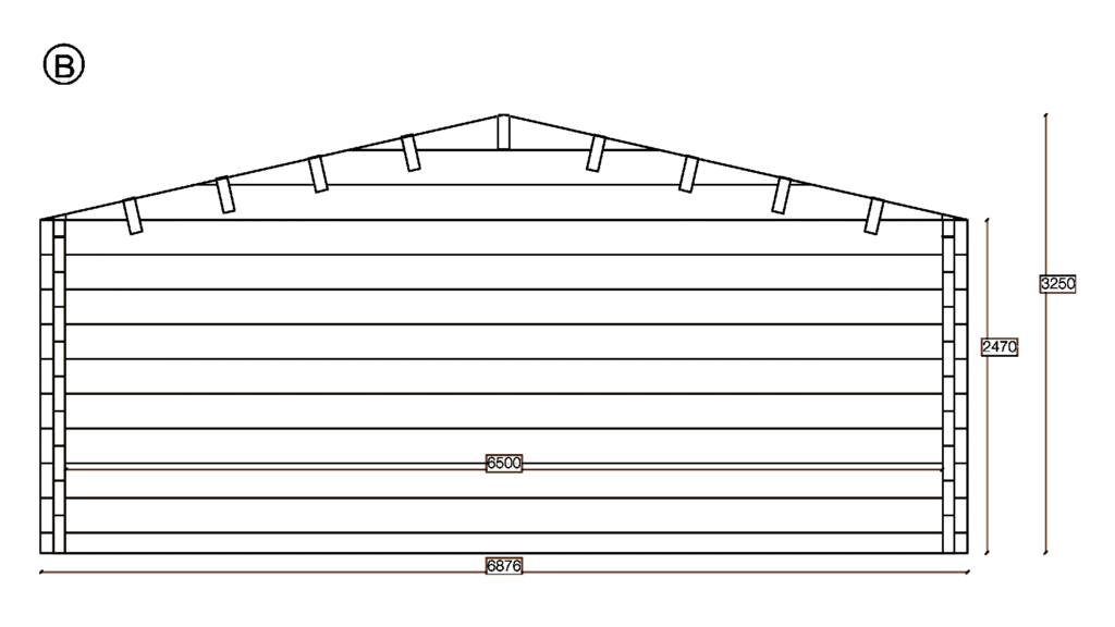 Elevation B of Glulam Apex Timber Lodge 6.9x5.0, dimensioned drawing