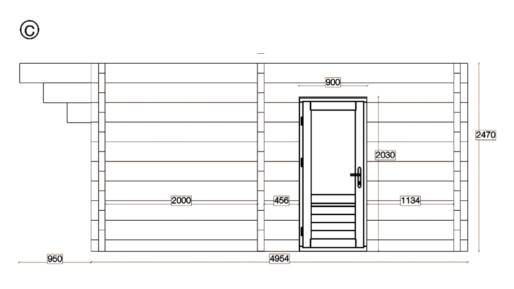 Elevation C of Glulam Apex Timber Lodge 6.9x5.0, dimensioned drawing