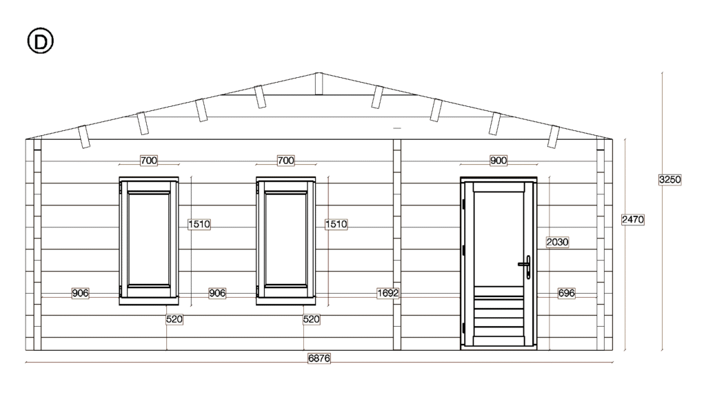 Elevation D of Glulam Apex Timber Lodge 6.9x5.0, dimensioned drawing