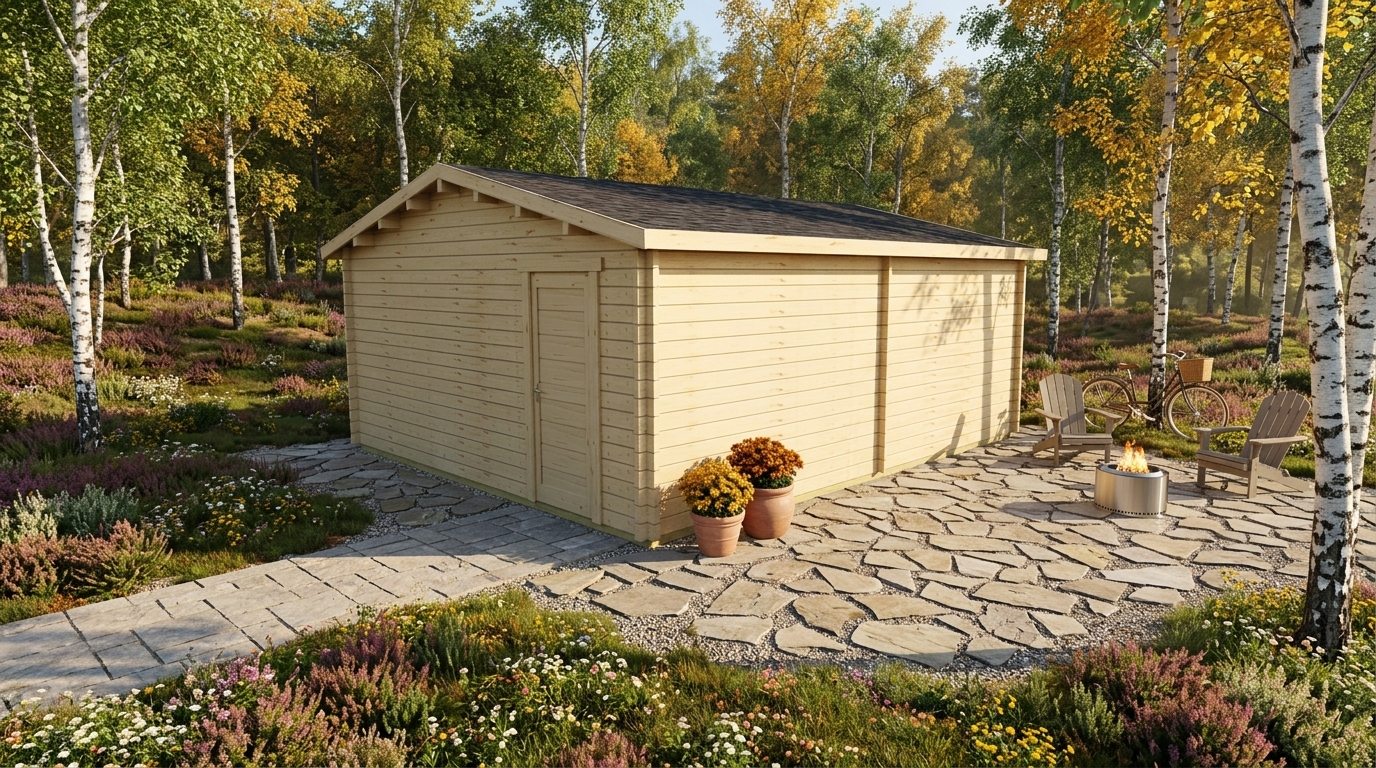 3D render of Apex Timber Lodge 5.2x6.2, a bespoke 28.5m² timber building with 70mm solid log walls and apex (gable) roof, manufactured by Eurodita