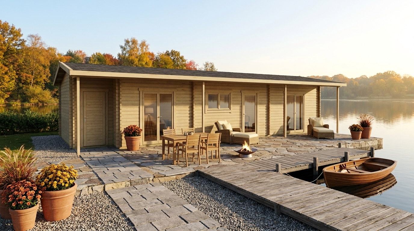 3D render of Offset Holiday Cabin 4.2x12.4, a bespoke 47.5m² timber building with 44mm solid log walls and offset roof, manufactured by Eurodita
