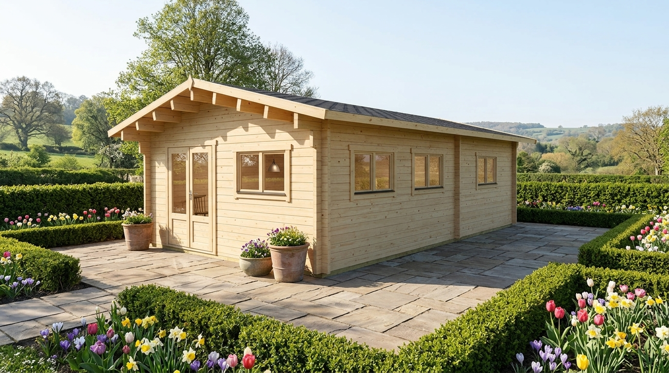 3D render of Glulam Apex Holiday Cabin 5.2x9.2, a bespoke 42.6m² timber building with 88mm glue-laminated timber walls and apex (gable) roof, manufactured by Eurodita