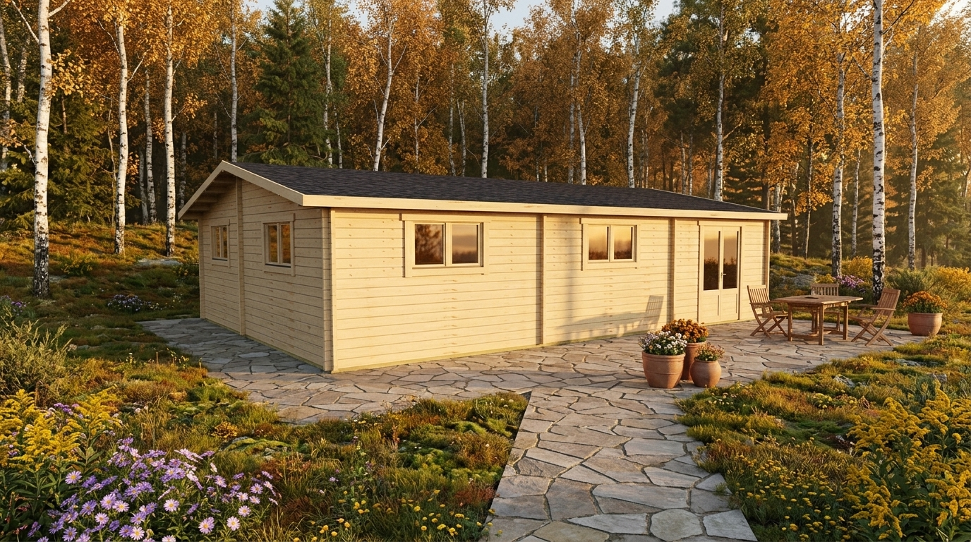 3D render of Apex Residential Cabin 7.2x10.2, a bespoke 68m² timber building with 58mm solid log walls and apex (gable) roof, manufactured by Eurodita