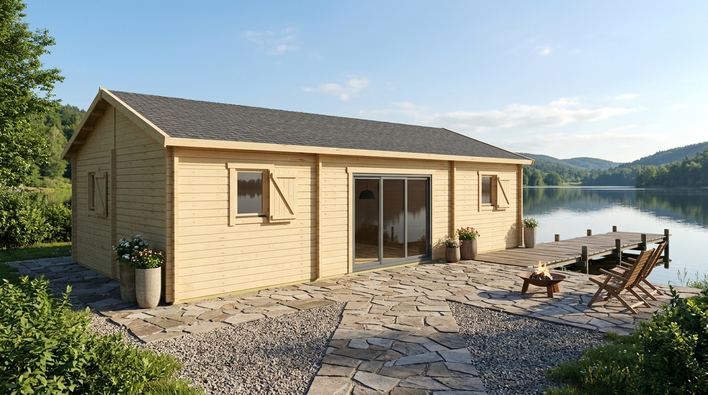 3D render of Apex Residential Cabin 6.2x11.3, a bespoke 64.2m² timber building with 70mm solid log walls and apex (gable) roof, manufactured by Eurodita