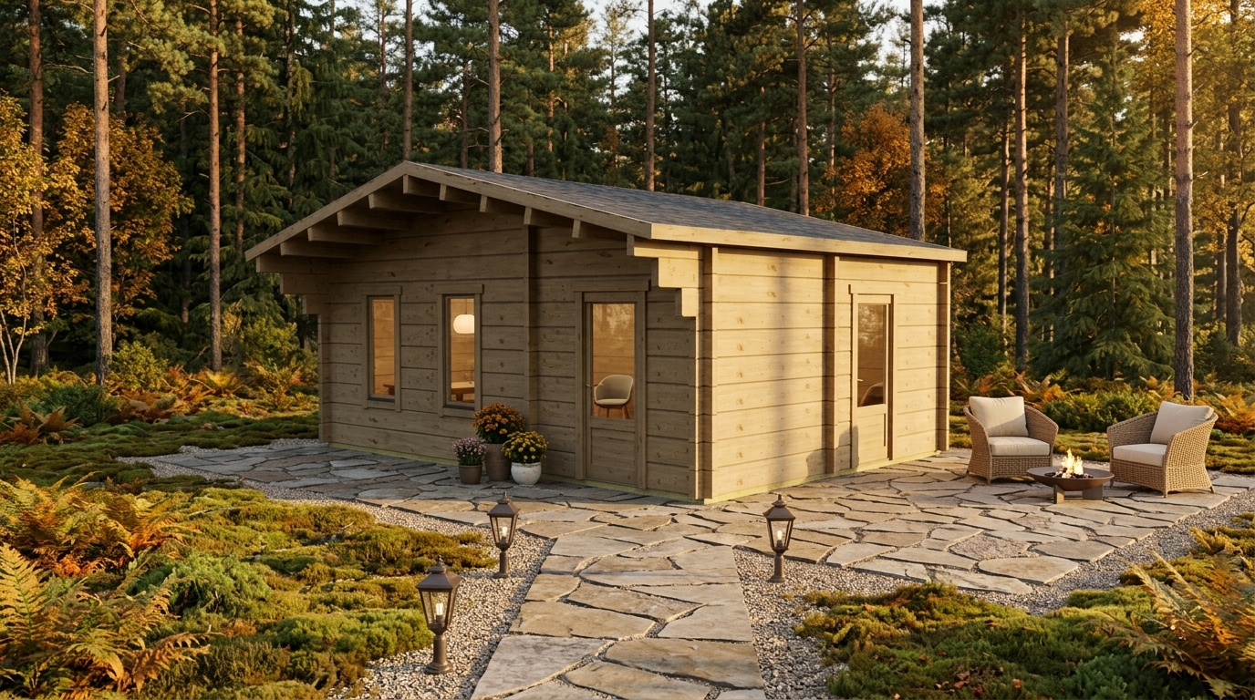 3D render of Glulam Apex Timber Lodge 6.9x5.0, a bespoke 29.8m² timber building with 88mm glue-laminated timber walls and apex (gable) roof, manufactured by Eurodita