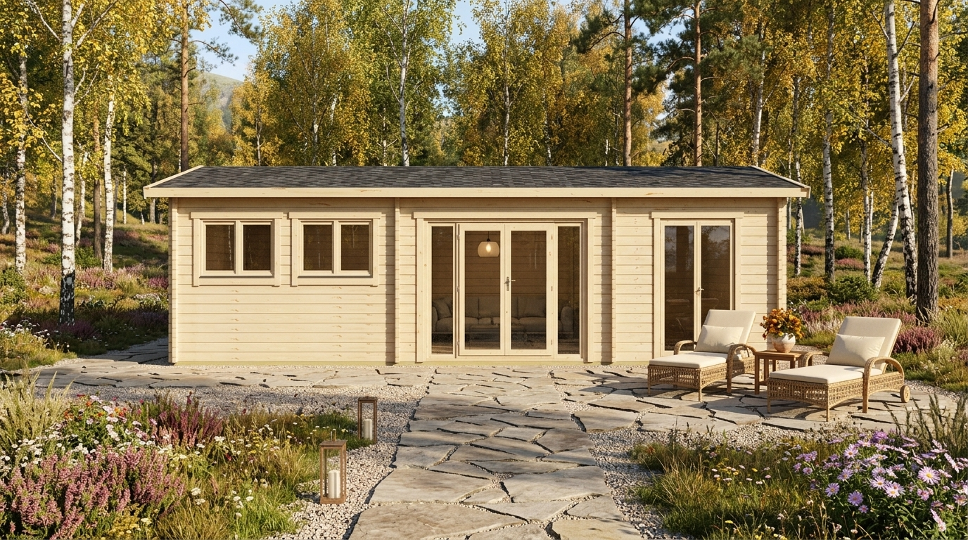 3D render of Apex Residential Cabin 6.2x10.2, a bespoke 57.8m² timber building with 70mm solid log walls and apex (gable) roof, manufactured by Eurodita