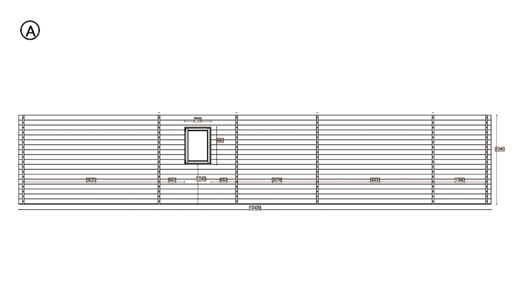 Elevation A of Offset Holiday Cabin 4.2x12.4, dimensioned drawing