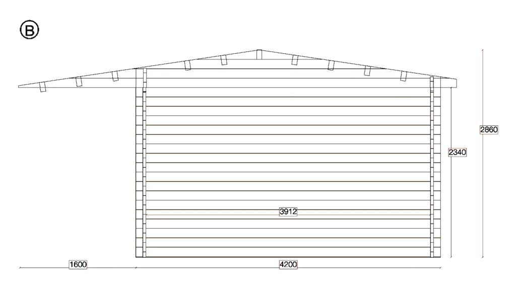 Elevation B of Offset Holiday Cabin 4.2x12.4, dimensioned drawing