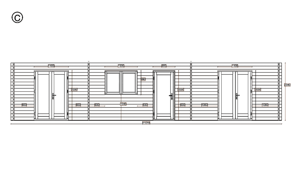 Elevation C of Offset Holiday Cabin 4.2x12.4, dimensioned drawing