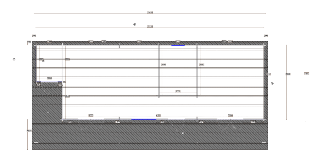 Floor plan of Offset Holiday Cabin 4.2x12.4, dimensioned drawing