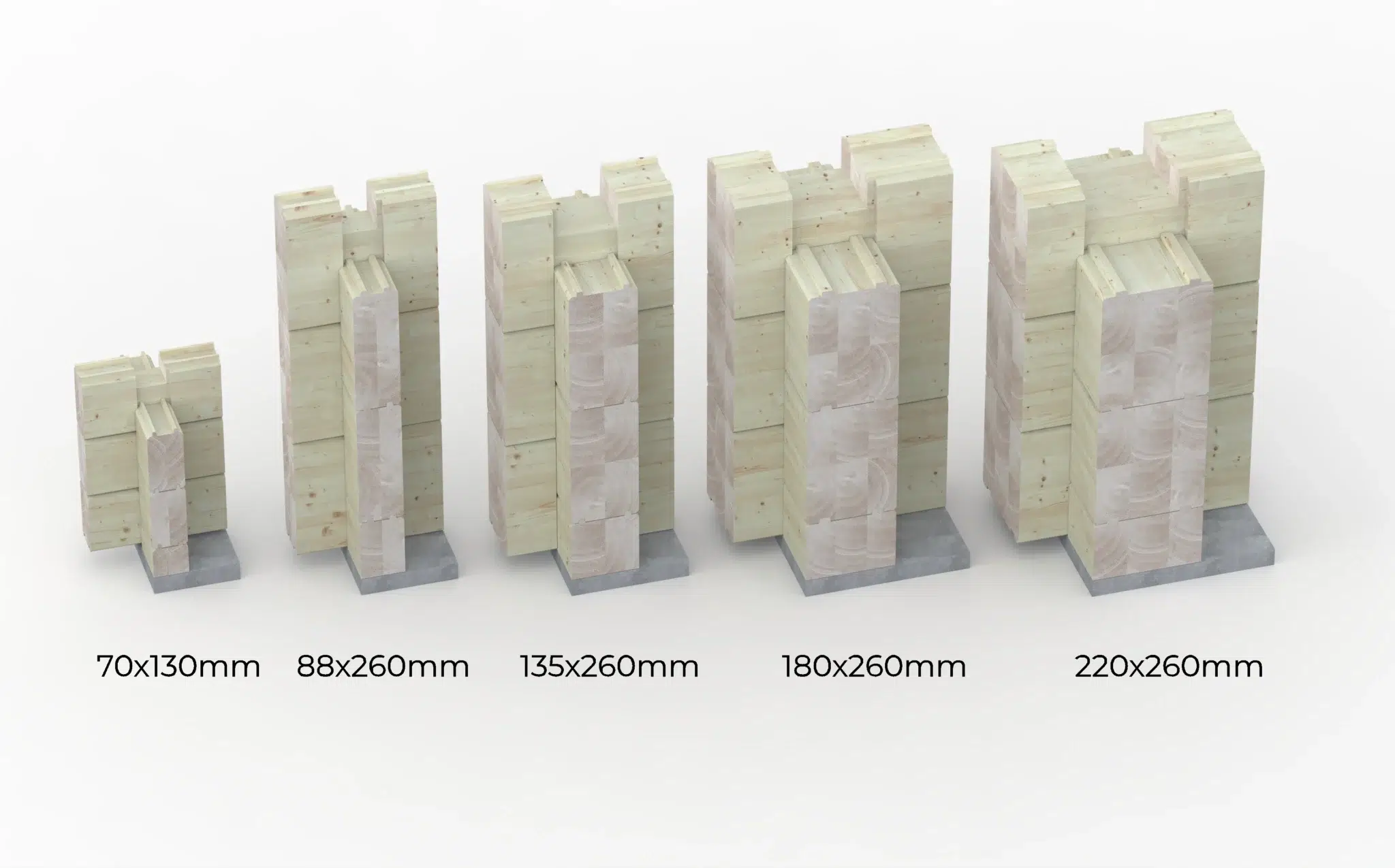 Eurodita glulam wall profile samples: 70x130, 88x260, 135x260, 180x260 and 220x260 mm