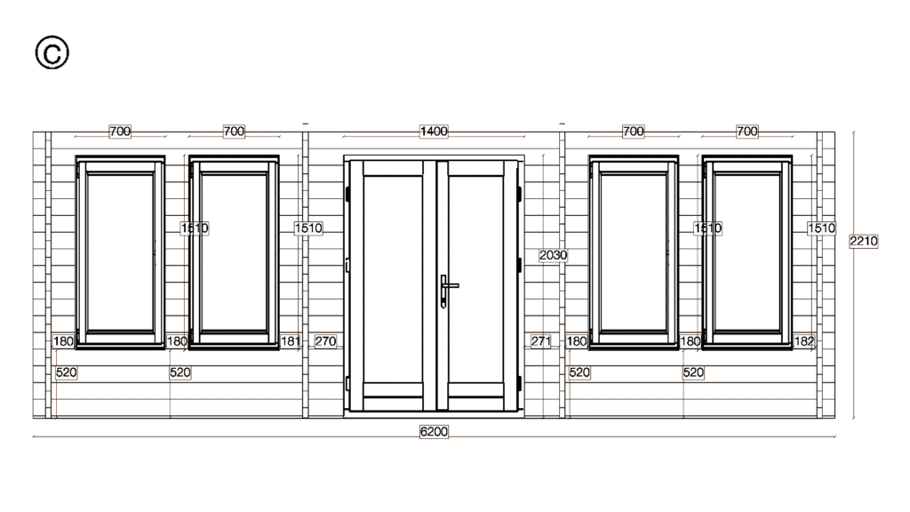 Elevation C of Apex Garden Studio 5.6x6.2, dimensioned drawing