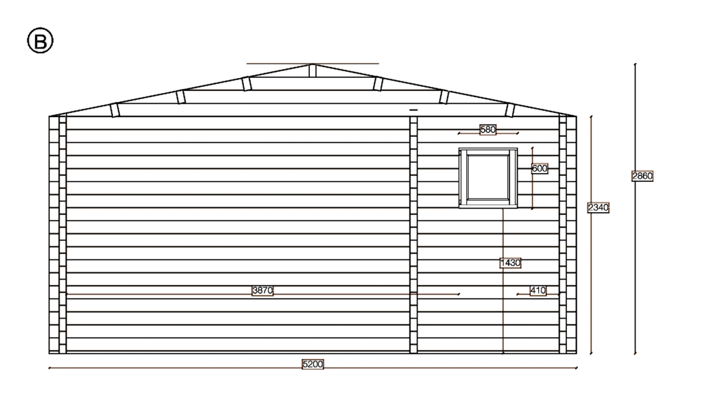 Elevation B of Apex Holiday Cabin 4.9x5.9, dimensioned drawing