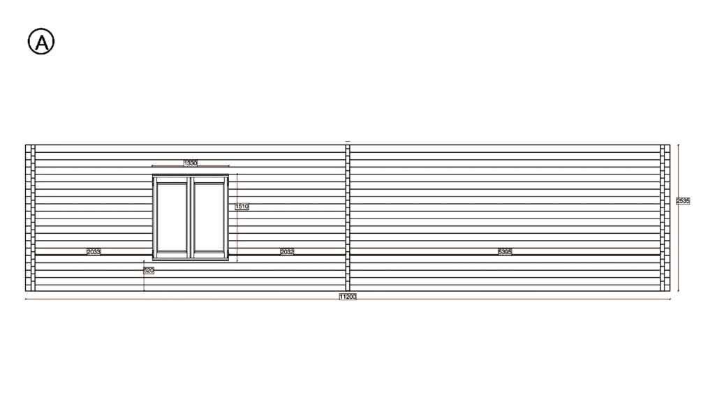 Elevation A of Apex Residential Cabin 4.9x10.9, dimensioned drawing