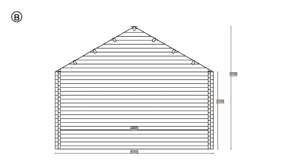 Elevation B of Apex Residential Cabin 4.9x10.9, dimensioned drawing