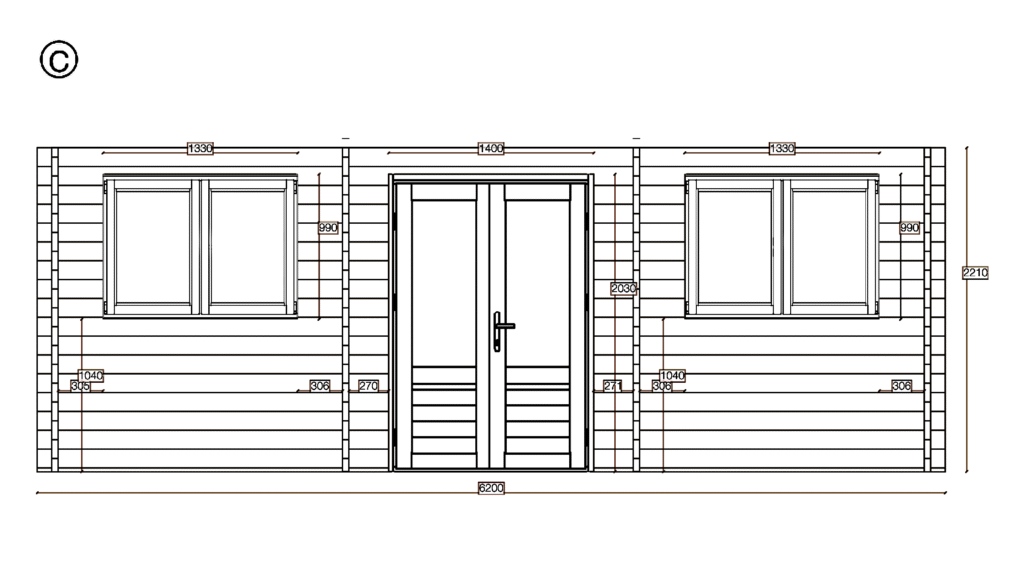 Elevation C of Apex Summer House 3.9x5.9, Double Door, dimensioned drawing