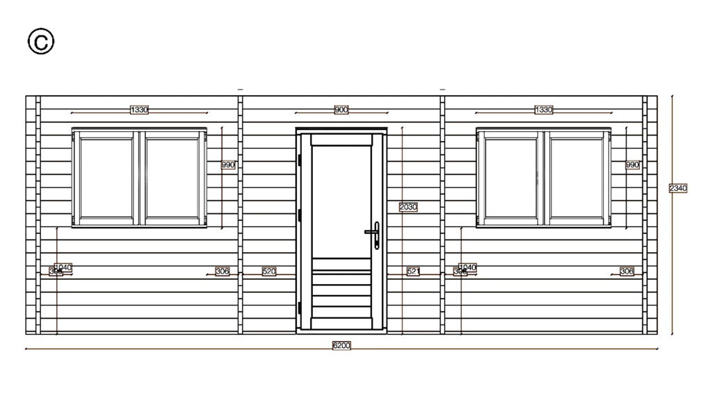 Elevation C of Apex Summer House 3.9x5.9, Two Single Doors, dimensioned drawing