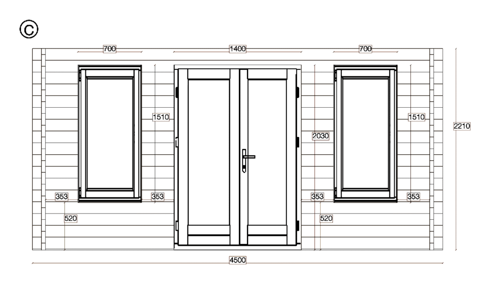 Elevation C of Apex Summer House 4.2x4.2, dimensioned drawing