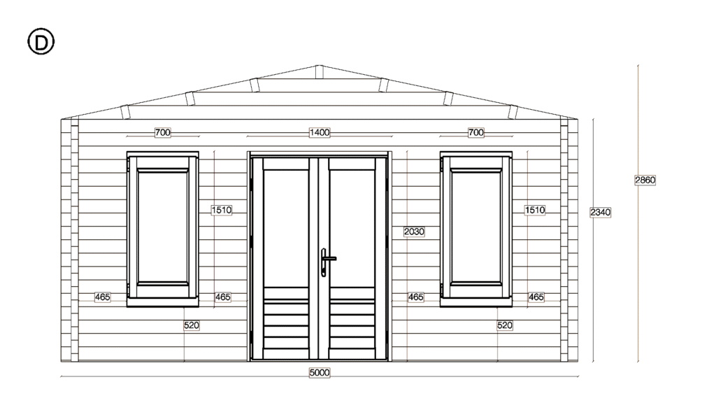 Elevation D of Apex Timber Building 5.0x7.0, dimensioned drawing