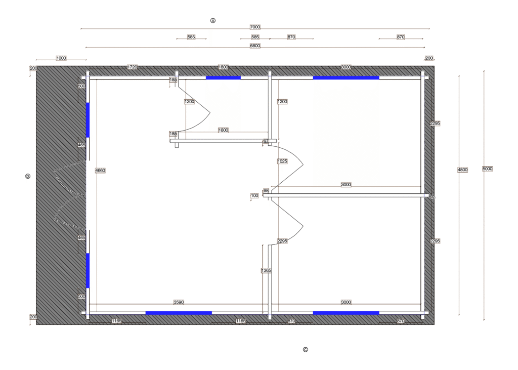 Floor plan of Apex Timber Building 5.0x7.0, dimensioned drawing