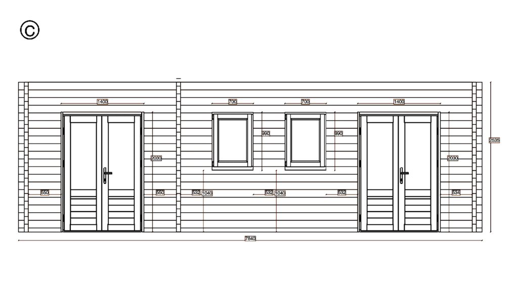 Elevation C of Apex Timber Lodge 4.0x7.5, dimensioned drawing