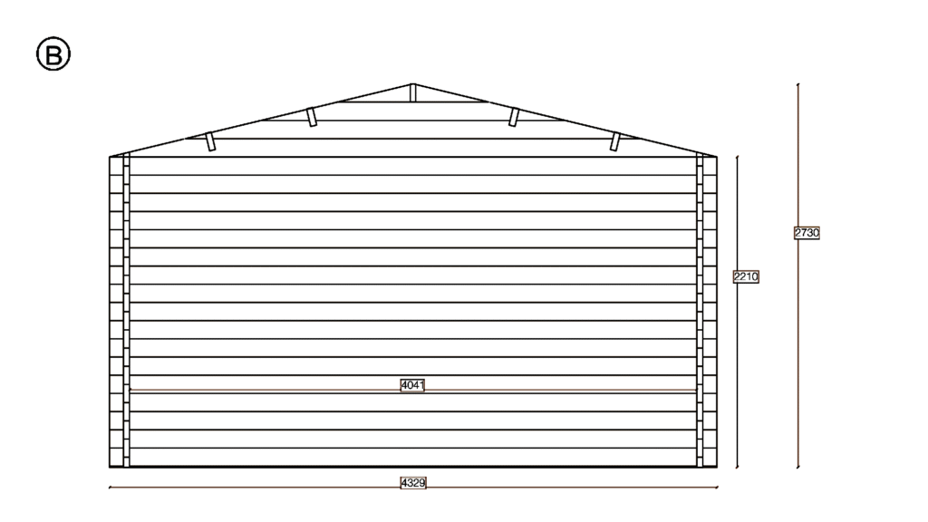 Elevation B of Apex Timber Lodge 4.1x6.7, dimensioned drawing