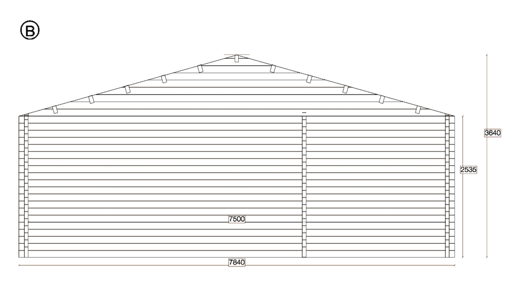 Elevation B of Apex Timber Lodge 7.5x4.0, dimensioned drawing